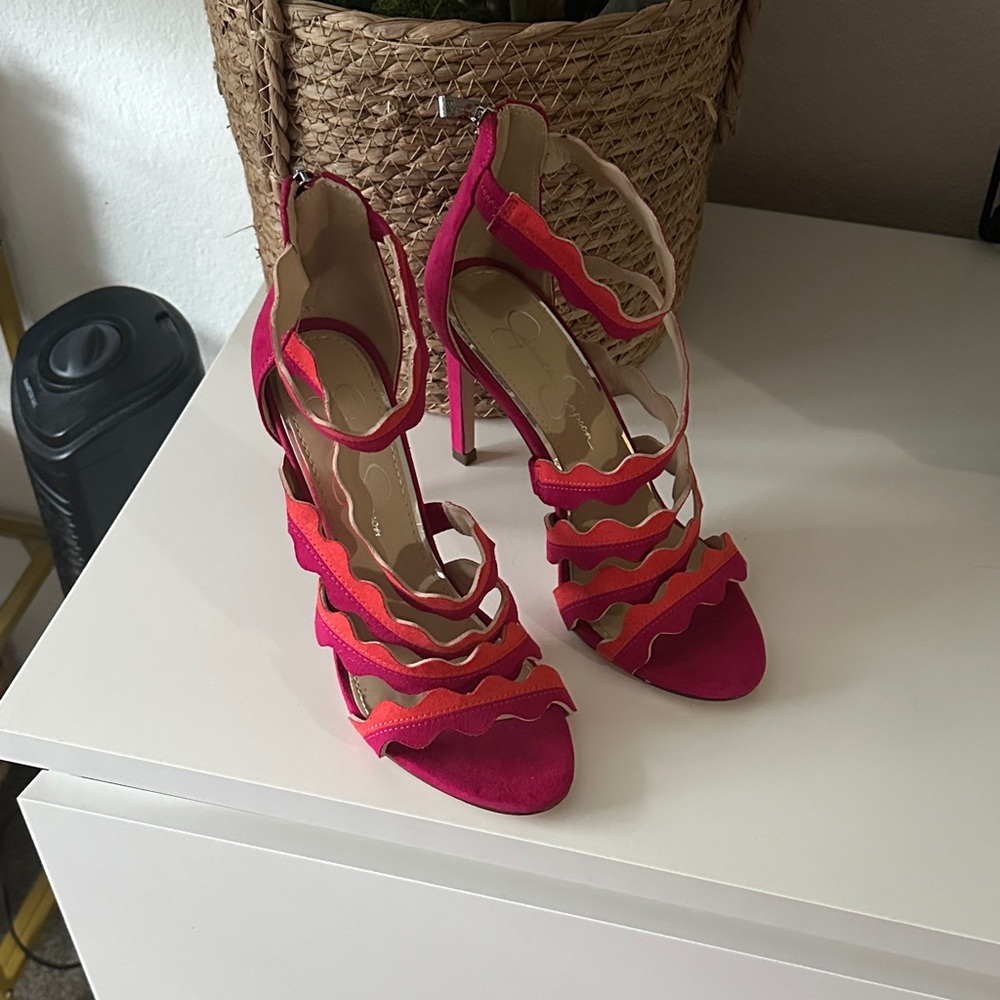 Jessica Simpson Pink and Orange Scallop-Strap High Heels